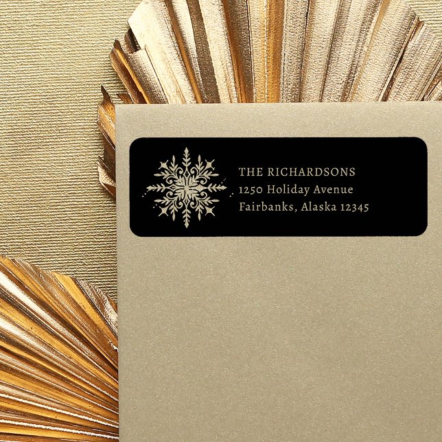 Black and Gold Snowflake Christmas Return Address Label (An elegant Christmas return address label, with a festive gold snowflake)