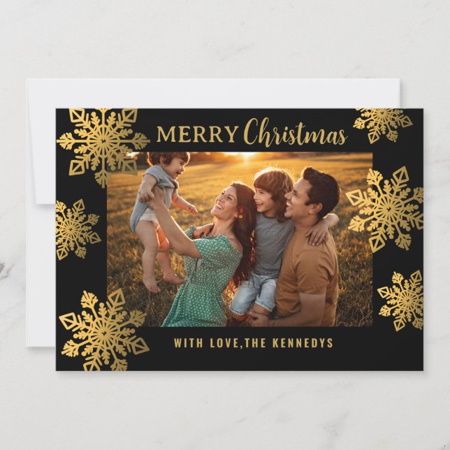Black And Gold SnowFlake Merry Christmas Photo Holiday Card (Front)