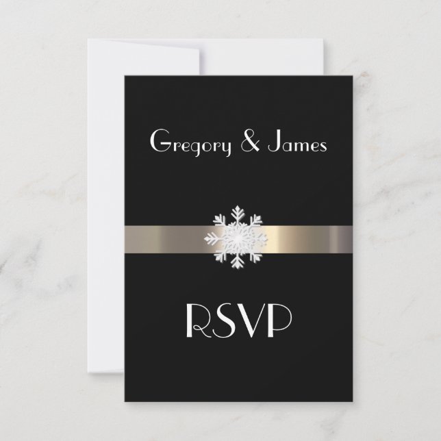 Black and Gold Snowflake Wedding RSVP Card (Front)