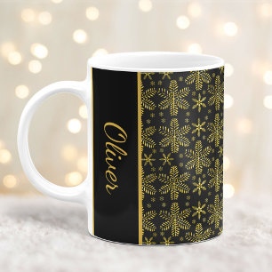 Black and Gold Snowflakes Christmas Mug with Name