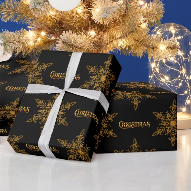 Black and Gold Snowflakes Christmas Wrapping Paper (Holidays)