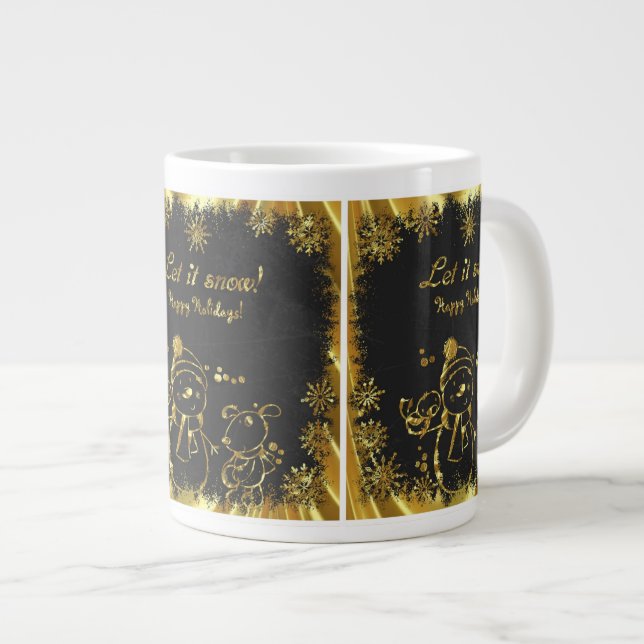Black And Gold Snowman Illustration-Let It Snow Large Coffee Mug (Front Right)