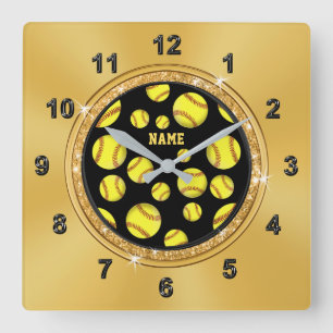 Black and Gold Softball Wall Decor Personalized Square Wall Clock