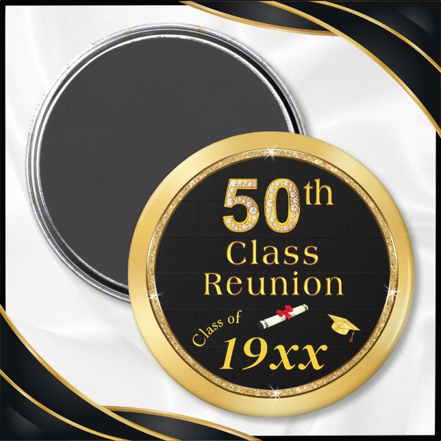 Black and Gold, Souvenirs for 50th Class Reunion,  Magnet (Cheap 50th Class Reunion Gifts. Black and Gold, 50th class reunion magnets. 50 year high school idea)
