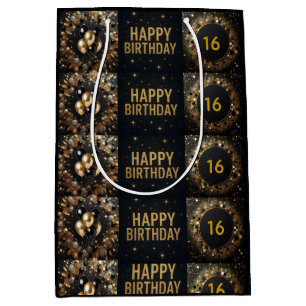 Black and Gold Sparkle Balloon Happy Birthday Medium Gift Bag