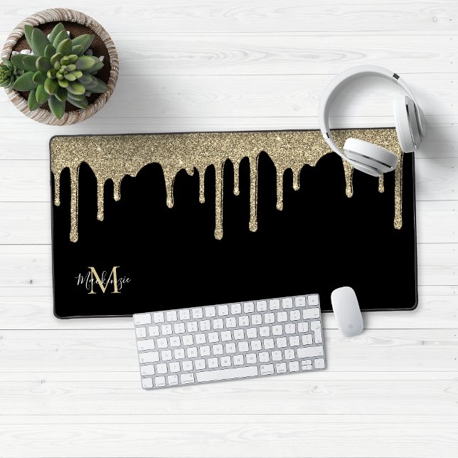 Black and Gold Sparkle Glitter Drips Monogram Desk Mat (Chic gold glitter drips on a modern black background with your custom monogram and name!)
