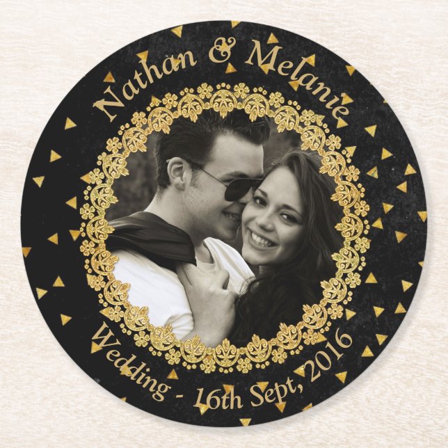 Black and Gold Sparkle Round Paper Coaster (Front)