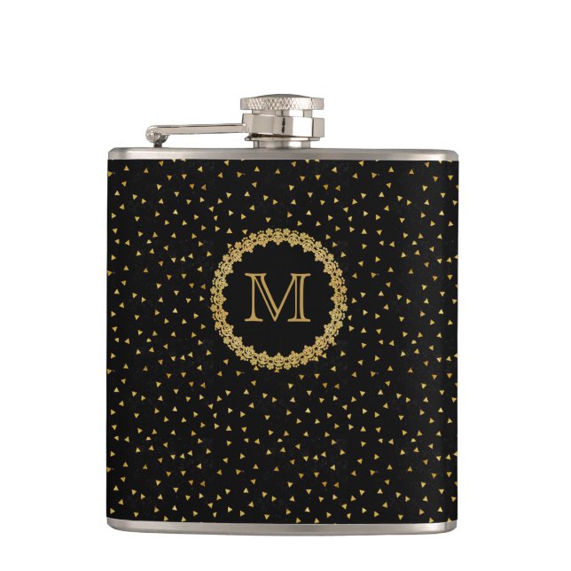 Black and Gold Sparkles Monogram Hip Flask (Front)