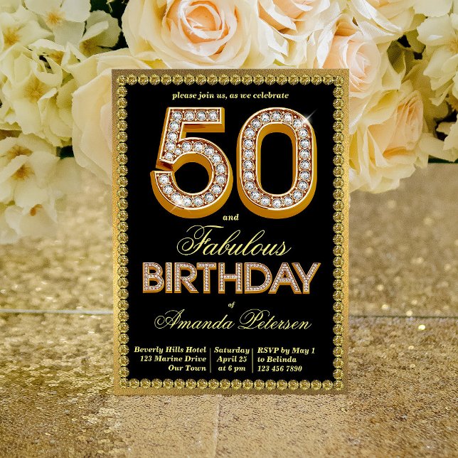 Black and gold sparkling diamonds 50th birthday invitation (Creator Uploaded)
