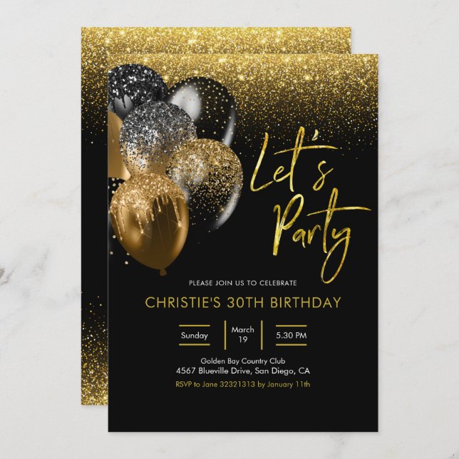 Black and Gold Sparkling Let's Party Invitation (Front/Back)
