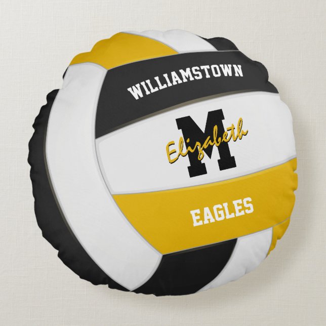black and gold sports team colours volleyball round cushion (Front)