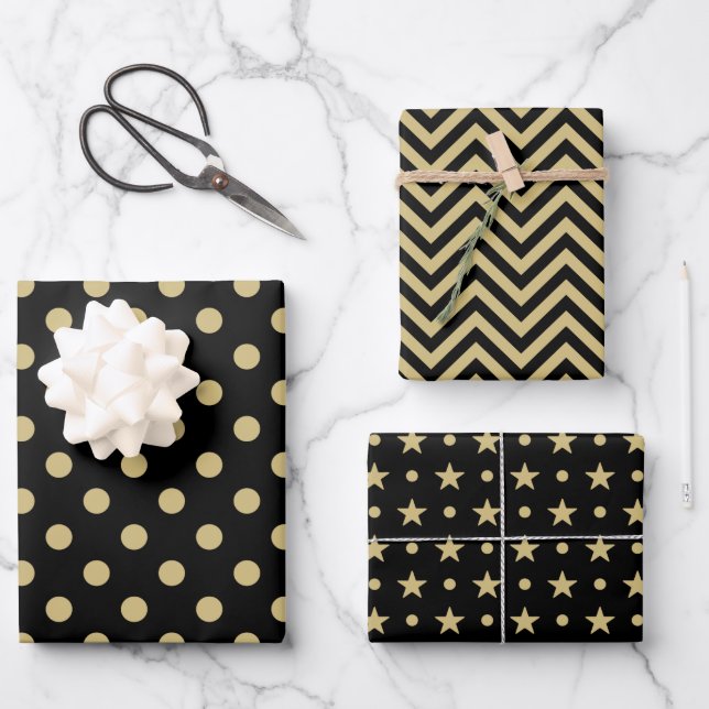 Black And Gold Spots ZigZag Stars Pattern Wrapping Paper Sheet (Front)