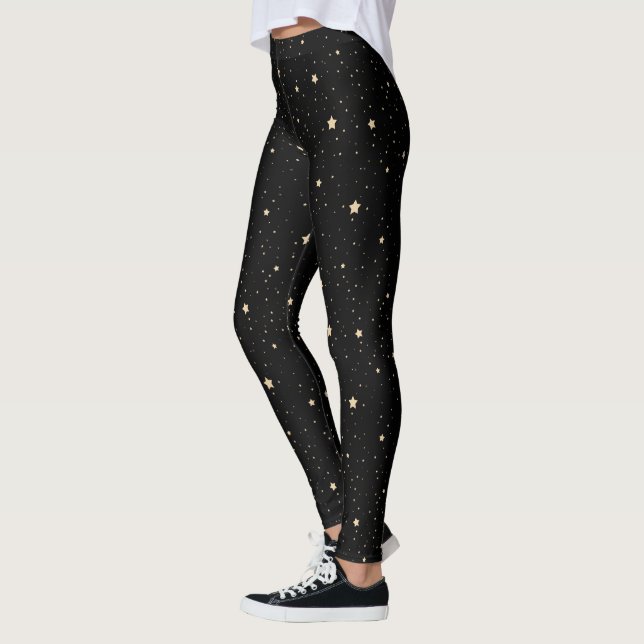 Black and Gold Starry Night Pattern Christmas Leggings (Left)