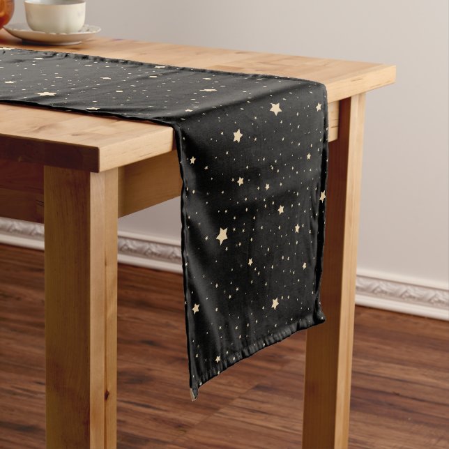 Black and Gold Starry Night Pattern Christmas Long Table Runner (In Situ)