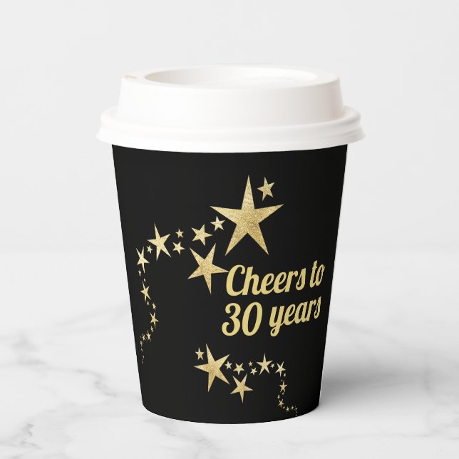 Black and Gold Stars Cheers to 30 Years Birthday Paper Cups (Back)