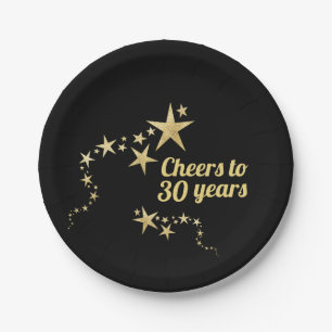 Black and Gold Stars Cheers to 30 Years Birthday Paper Plate