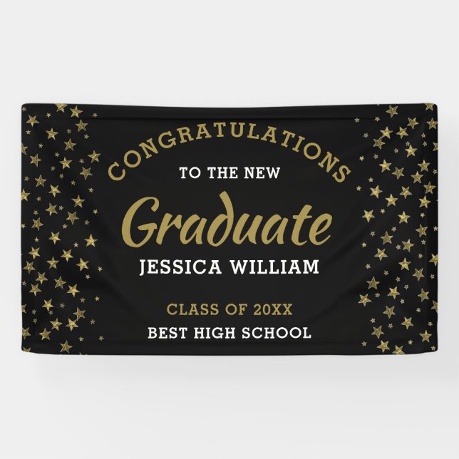 Black And Gold Stars Congrats Grad Graduation 2022 Banner (Horizontal)