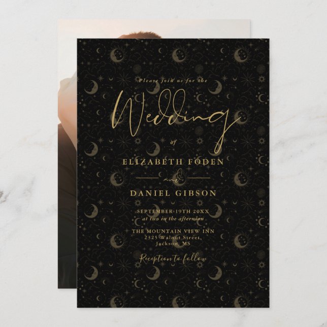 Black And Gold Stars Moon Photo Celestial Wedding Invitation (Front/Back)