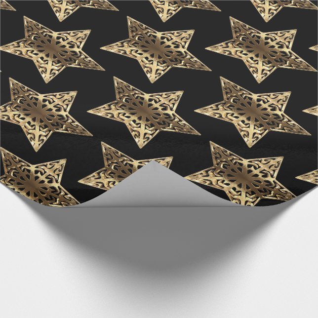 Black and Gold Stars Pattern Black Christmas Chic Wrapping Paper (Corner)
