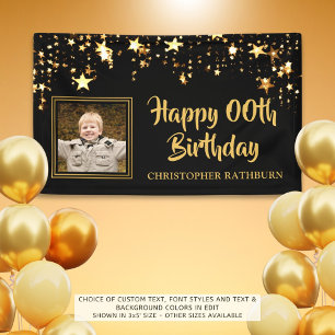 Black and Gold Stars Photo Any Year Birthday Banner