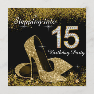 Black and Gold Stepping Into 15 Quinceanera Invitation