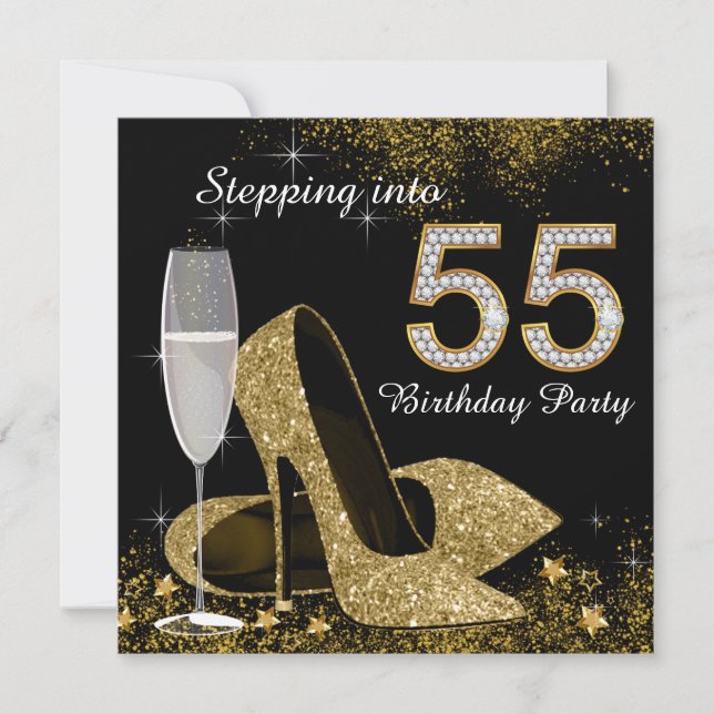 Black and Gold Stepping Into 55th Birthday Party Invitation (Front)