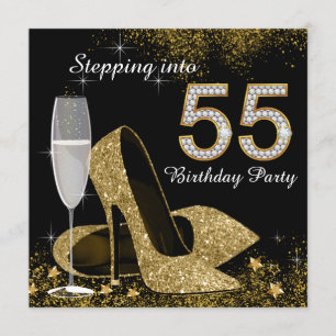 Black and Gold Stepping Into 55th Birthday Party Invitation