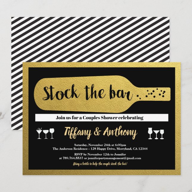 Black and gold stock the bar invitation glam (Front/Back)