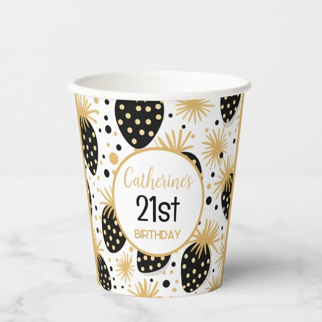 Black and Gold Strawberry, 21st Birthday Party Paper Cups (Front)