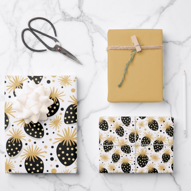 Black and Gold Strawberry Pattern Wrapping Paper Sheet (Front)