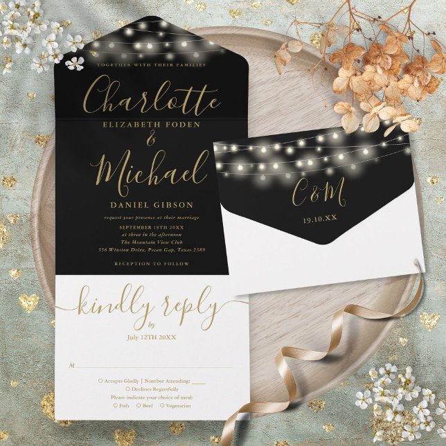 Black And Gold String Lights Chic Script Wedding All In One Invitation (Black And Gold String Lights Chic Script Wedding All In One Invitation)