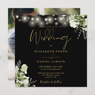 Black And Gold String Lights Floral Photo Wedding Invitation