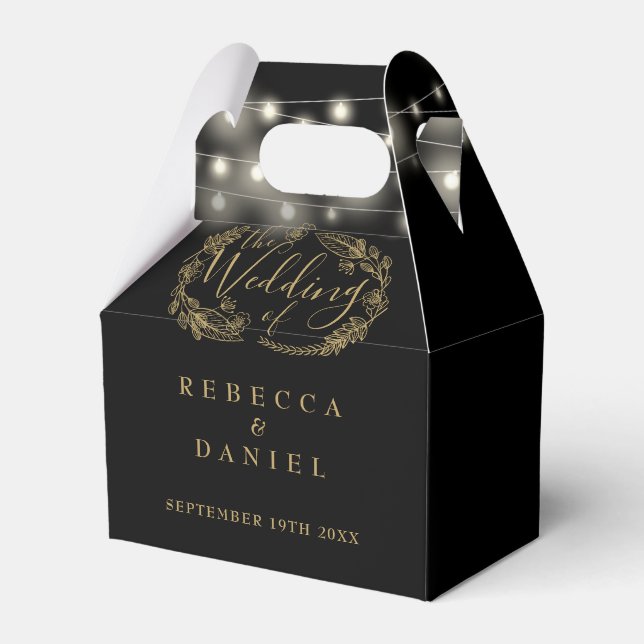 Black And Gold String Lights Floral Wedding Favour Box (Front Side)
