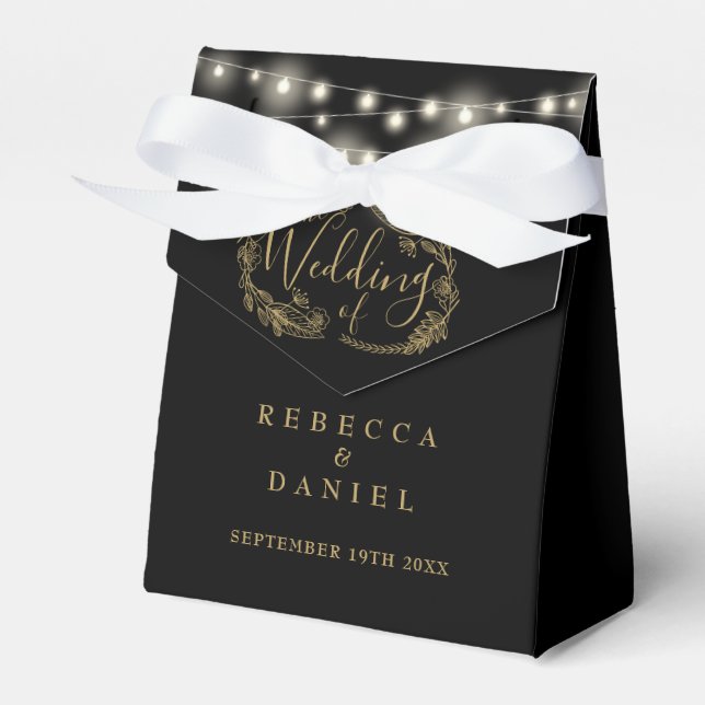 Black And Gold String Lights Floral Wedding Favour Box (Front Side)