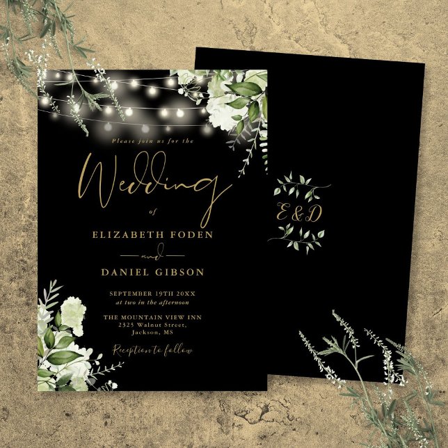 Black And Gold String Lights Floral Wedding Invitation (Black And Gold String Lights Floral Wedding Invitation)