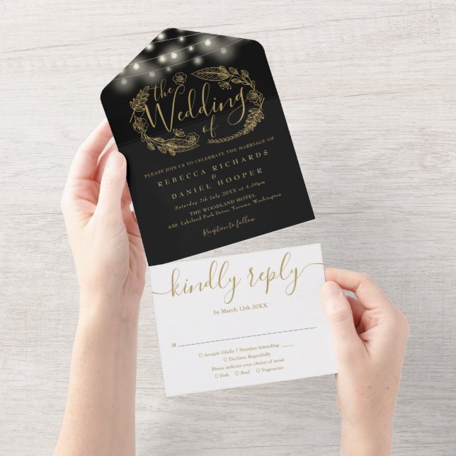 Black And Gold String Lights Foliage Wedding All In One Invitation (Tearaway)