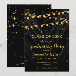 Black and Gold String Lights Graduation Party Invitation