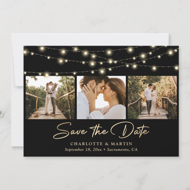 Black and Gold String Lights Photo Collage Wedding Save The Date (Front)