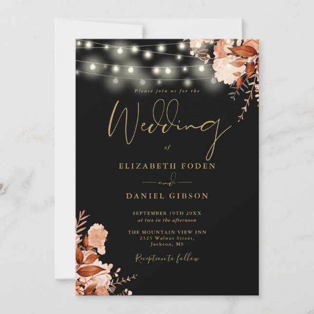 Black And Gold String Lights QR Code Fall Wedding Invitation (Front)