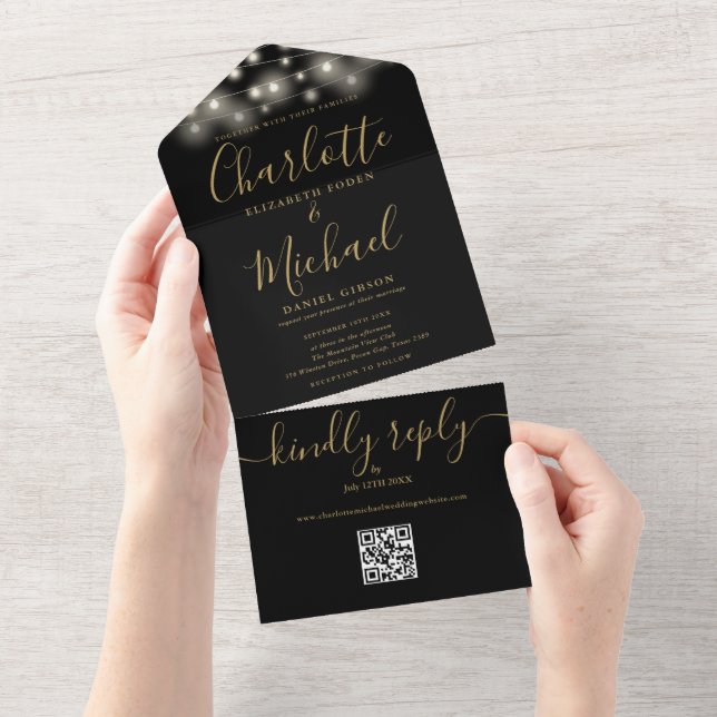 Black And Gold String Lights QR Code Wedding  All In One Invitation (Tearaway)