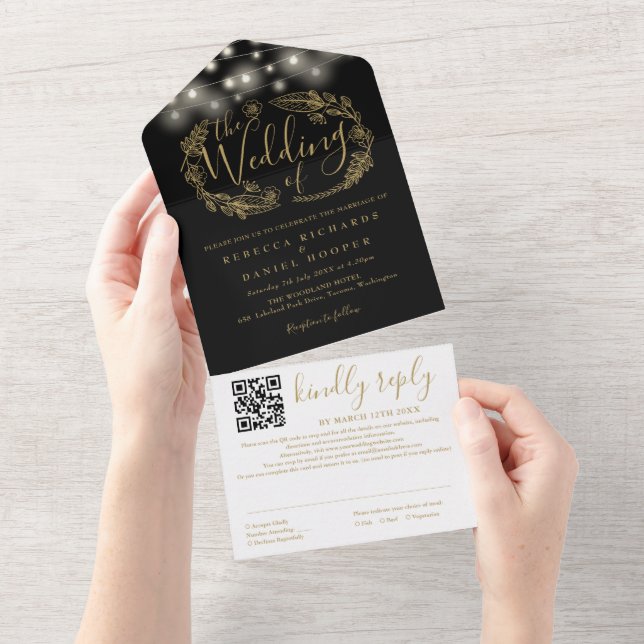 Black And Gold String Lights QR Code Wedding All In One Invitation (Tearaway)