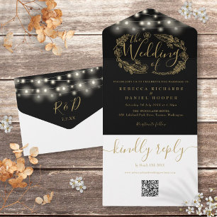 Black And Gold String Lights QR Code Wedding All In One Invitation