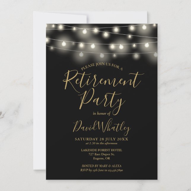 Black And Gold String Lights Retirement Party Invitation (Front)