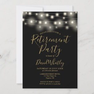 Black And Gold String Lights Retirement Party Invitation