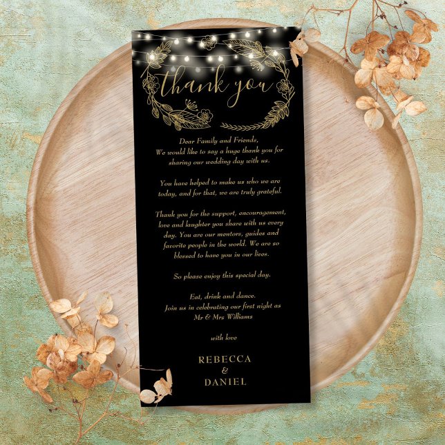 Black And Gold String Lights Thank You Place Card (Black And Gold String Lights Thank You Place Card)