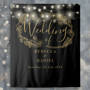 Black And Gold String Lights Wedding Backdrop Tapestry