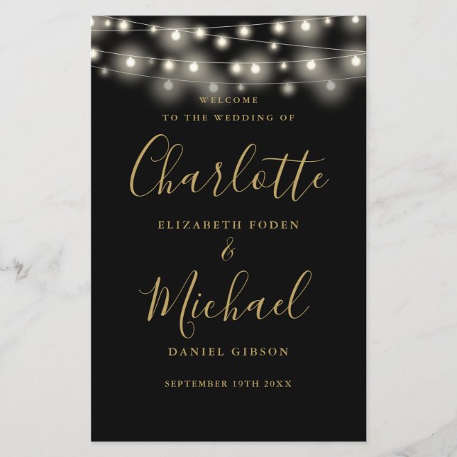 Black And Gold String Lights Wedding Program (Front)