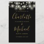 Black And Gold String Lights Wedding Program<br><div class="desc">Black and gold signature script wedding program featuring pretty string lights and chic modern typography. This stylish wedding program can be personalized with your special wedding day information. Designed by Thisisnotme©</div>