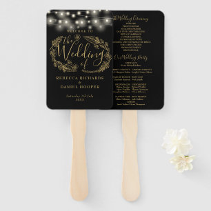Black And Gold String Lights Wedding Program Hand Fan
