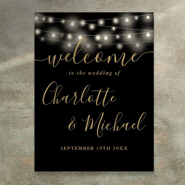 Black And Gold String Lights Wedding Welcome Sign (Black And Gold String Lights Wedding Welcome Sign)